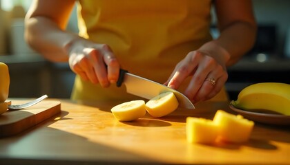 cropped view of woman holding banana in hands near fork and knife