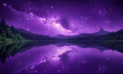 Magical Violet Sunset Landscape Reflected In Still River