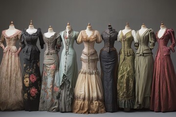 Historical dresses displayed on mannequins in a museum showcasing fashion trends from the late 19th to early 20th century
