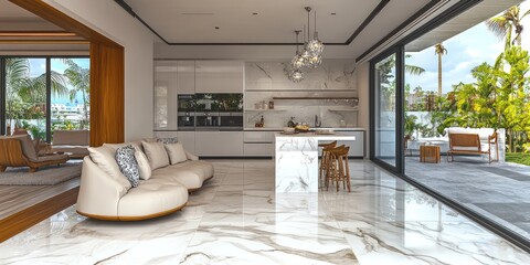 Fototapeta premium Interior design of a large kitchen decorated with luxurious furniture