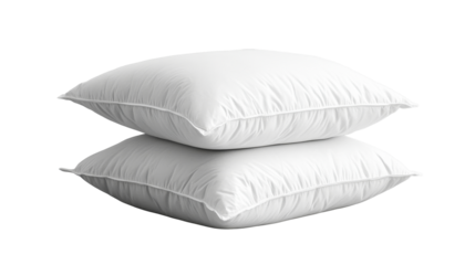 Stacked white pillows, soft bedding, cushiony comfort, cut out transparent