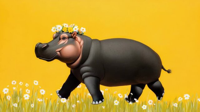 happy hippopotamus wearing flower crown stands field of daisies with yellow background animal grass