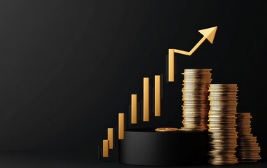 Golden Coins Stack With Upward Arrow Indicating Financial Growth in a 3D Render Against a Dark Background Symbolizing Business Success and Economic Prosperity