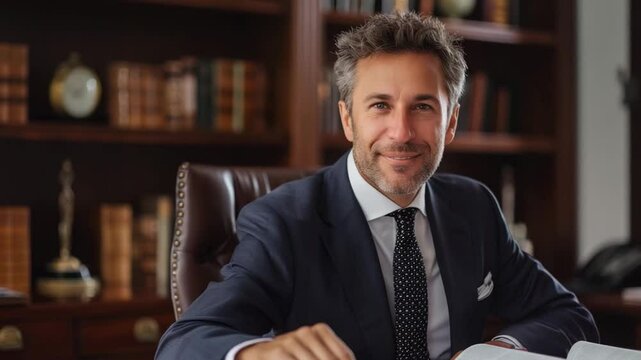Lawyer in professional attire smiles confidently while seated at desk in a sophisticated office environment