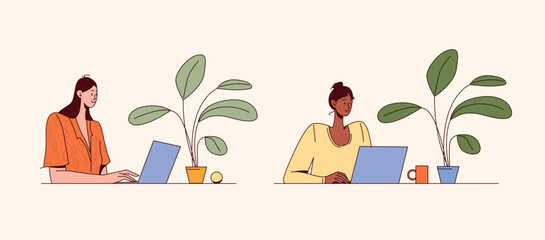 Two Female Characters Working on Laptops with Plants and Coffee Mugs. Peaceful Workplace Atmosphere, Remote Job or Online Study. Flat Vector Illustration Isolated on Light Background.