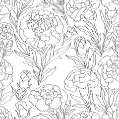carnation line art. Seamless pattern for fashion design, fabric, wallpaper and all kinds of prints on light background.