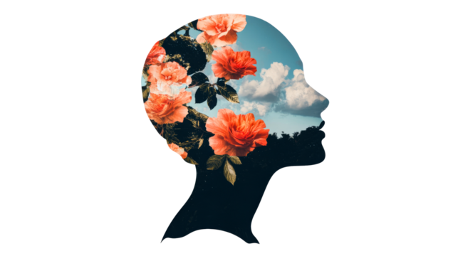Woman Silhouette with Sky and Roses Composition. cut out transparent