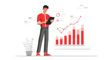 Modern learning tools, businessman demonstrates AI insights on tablet, 2D illustration of Generative AI