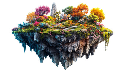 Floating island with lush garden and vibrant trees, cut out transparent