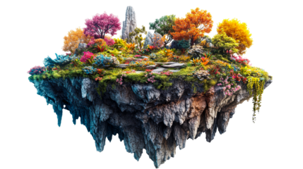 Floating island with lush garden and vibrant trees, cut out transparent
