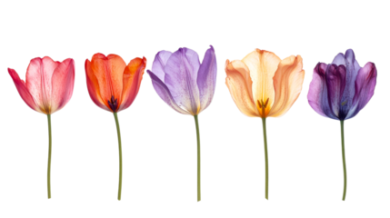 Row of vibrant tulip blooms in pink, orange, and purple hues cut out transparent