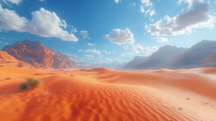 Naklejka premium Vibrant desert landscape under a sunny sky with majestic mountains in the background.