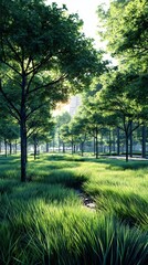 Obraz premium Lush green park with rows of trees casting long shadows on vibrant grass, bathed in sunlight. A serene and peaceful landscape