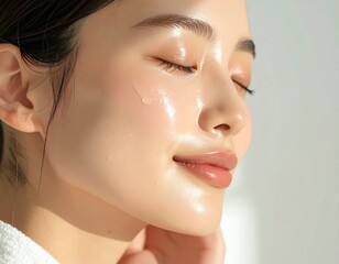 Naklejka premium 美容液をマッサージする女性 Japanese Woman Massaging Serum