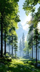 Obraz premium Sun-dappled forest path leading into misty mountains. Lush green trees and vibrant foliage create a serene, natural landscape