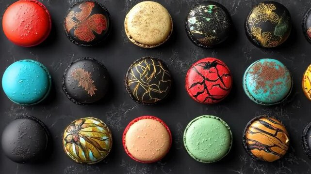 Vibrant macaron display transitioning from rows to artistic arrangement