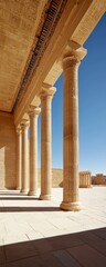 Fototapeta premium Ancient stone columns stand in the sunlight under a clear blue sky at a historic architectural site.