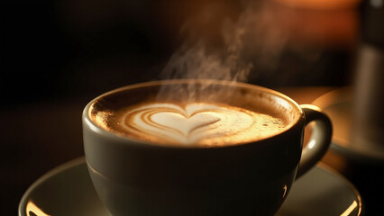 A cup of freshly brewed coffee with a heart-shaped design on top, offering a moment of comfort and enjoyment