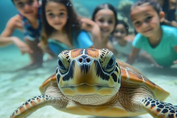 Kids interact with a sea turtle in a clear ocean environment during a fun day at the beach