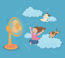 Summer Vector Illustration with Flying Girl Dog Cat on Fan