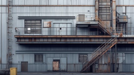 Industrial building exterior with aged metal panels and stairways.