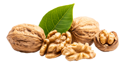 Assorted walnuts with leaf, still life arrangement, cut out transparent