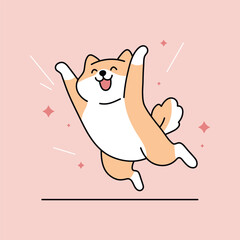 Cute cartoon Shiba Inu dog jumping joyfully with a big smile. Fun and cheerful illustration. Perfect for pet content, kids, or kawaii designs. Vector isolated on a pink background.