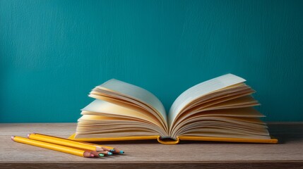 Fototapeta premium Open Book Yellow Cover Teal Background Education Learning Knowledge Studying Reading Literature Textbook Pages Wisdom Open Book Knowledge Concept School Supplies Yellow Pencils 