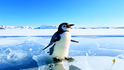 Obraz premium Emperor penguin standing on fragile ice, surrounded by snow capped mountains and azure sky, highlighting Antarctic ecosystem vulnerability