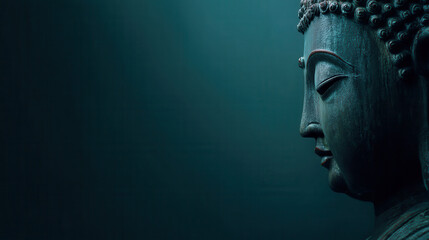 Serene side profile of a weathered Buddha statue with eyes closed in peaceful contemplation, illuminated against a dark teal backdrop showcasing spiritual depth.