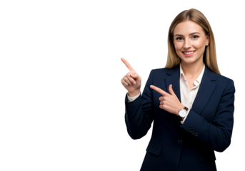 A smiling businesswoman pointing at a blank space, isplated