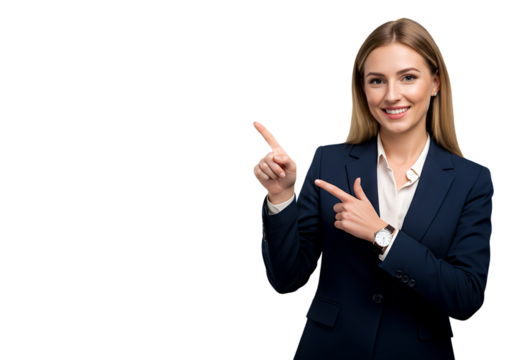 A smiling businesswoman pointing at a blank space, isplated