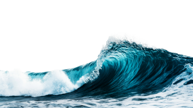 Powerful turquoise ocean surge with sea spray crests. cut out transparent