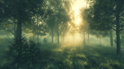 serene forest clearing at sunrise, soft morning mist, gentle light rays filtering through trees