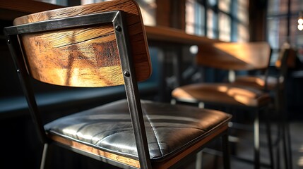 Three barstools lined up next to a window