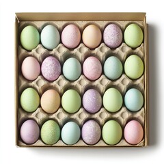 Colorful pastel eggs in cardboard carton