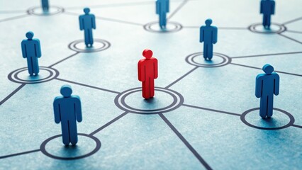 Paper cutout people connected by lines, with one red figure standing out among blue figures, symbolizing networking or leadership.