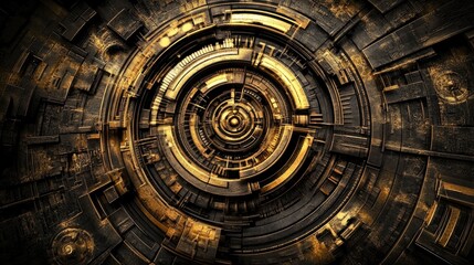 Intricate, golden circular mechanical design with dark accents.