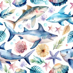 Fototapeta premium Watercolor marine seamless pattern with whales, dolphins, sharks, shells and fish. Hand drawn illustration