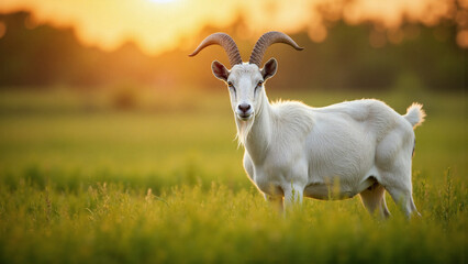 White goat standing in grassy field at sunset