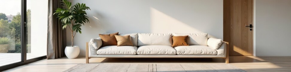 Modern living room panorama, sofa centered, minimalist wall, daylight, view