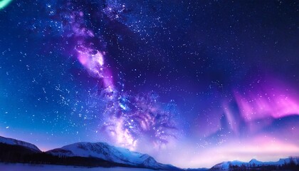Fototapeta premium Milky Way Galaxy Aurora Borealis Night Sky Mountains Stars Winter
