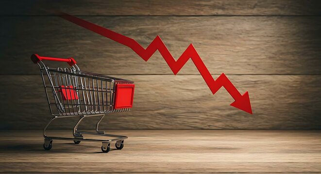 Shopping cart with a red arrow pointing down, symbolizing falling sales and economic decline due to recession or financial crisis leading to decrease in consumer spending impacting retail industry.