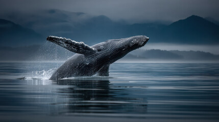 Naklejka premium Humpback whale gracefully breaching the surface in serene ocean setting during early morning hours