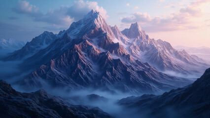 Obraz premium Majestic mountain range at dawn, clouds cover lower slopes and peaks touched by morning light. The sky is painted with pastel colors, and the scene exudes a sense of serenity and natural beauty. 