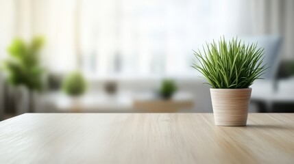Fototapeta premium Minimalist workspace featuring potted plant on wooden table