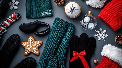 Cozy winter accessories like hats, gloves, ornaments, and festive treats arranged on a flat surface