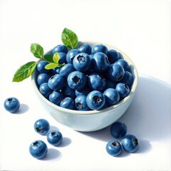 Bowl of blueberries with mint leaves, some scattered on the white surface, capturing natural sunlight.