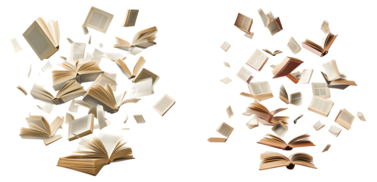 Set of A stack of colorful hardcover books suspended transparent png background. Ai generated
