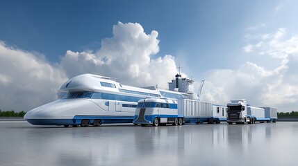 Fototapeta premium Futuristic Transport Concepts with Advanced Truck, Freight Ship, and Streamlined Train on a Sunny Day